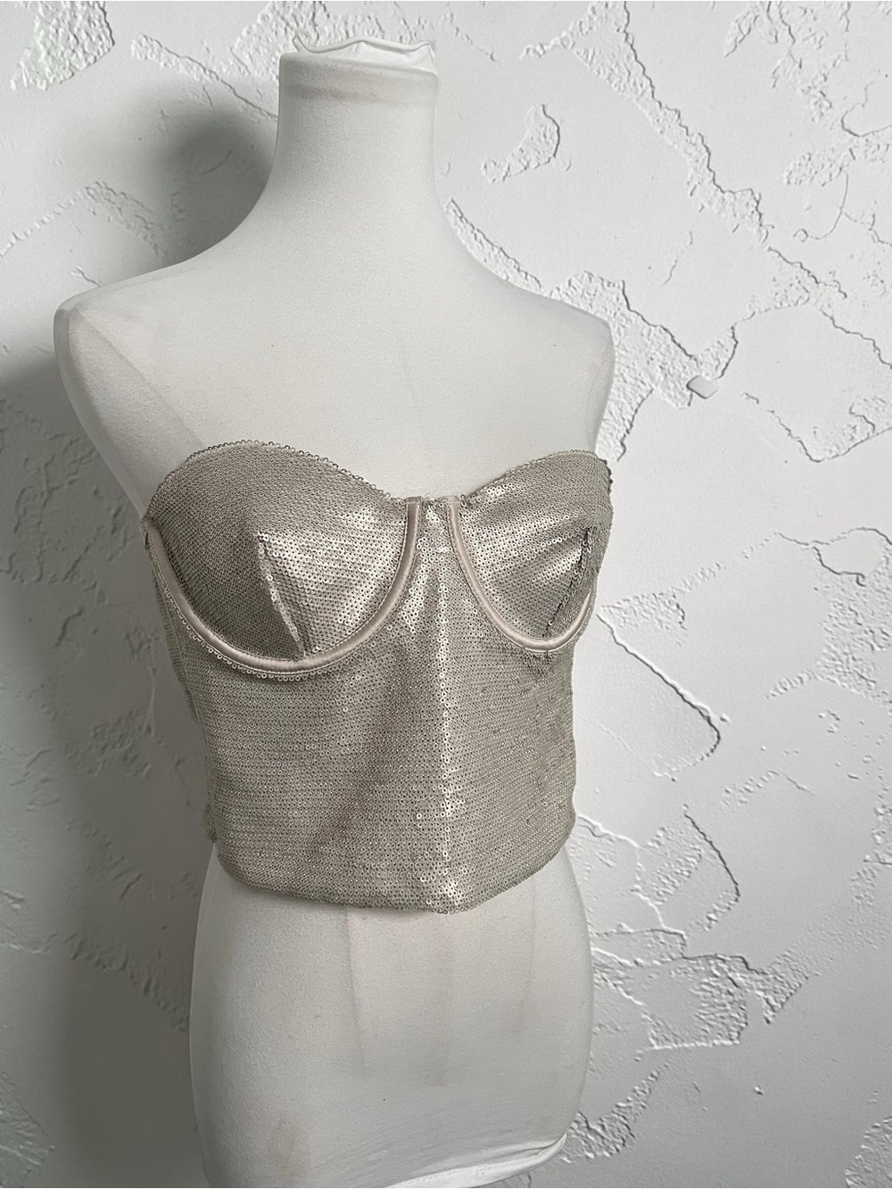 ZARA Silver Sequin Strapless Corset Bustier Top | Metallic Party Crop L